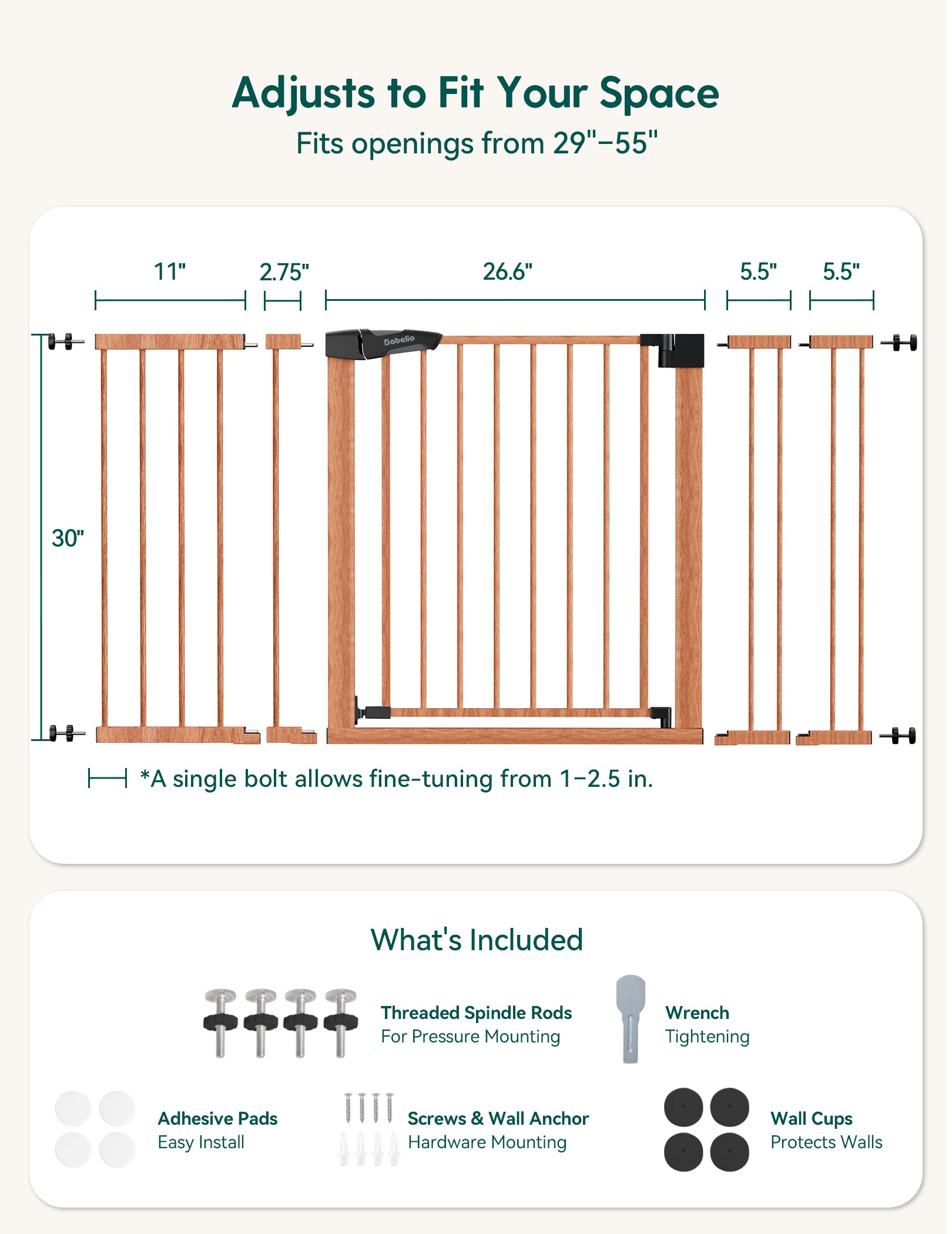 Wooden baby gate with adjustable dimensions and included accessories on a white background#Color_Wood Pattern