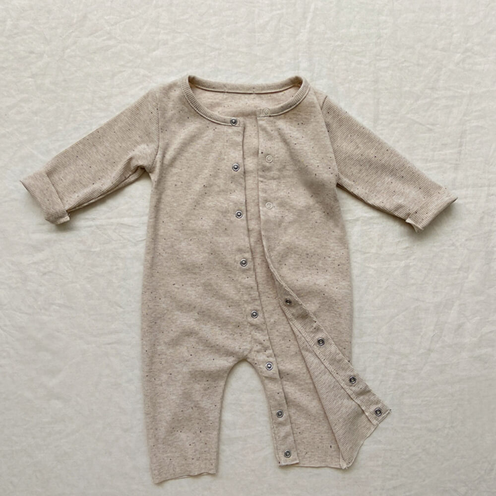 Tiny Cuddling Oatmeal Color Organic Cotton Baby Romper for Spring/Autumn - Newborn Long-Sleeve Onesie with Snap Buttons