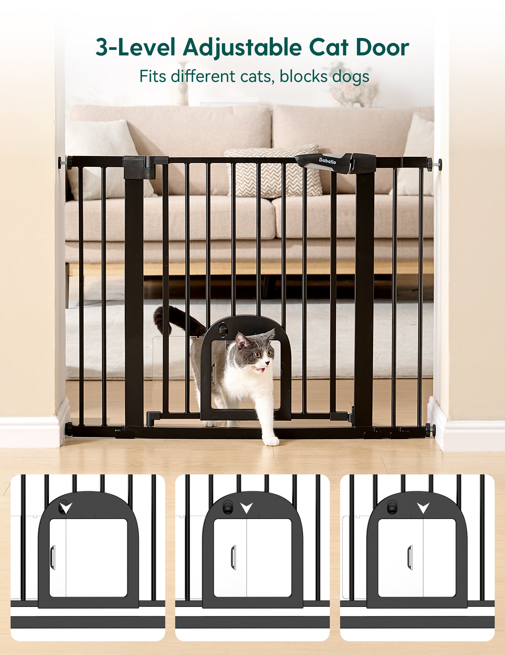 3-level adjustable cat door with a cat passing through it, set against a neutral background.#Color_Black