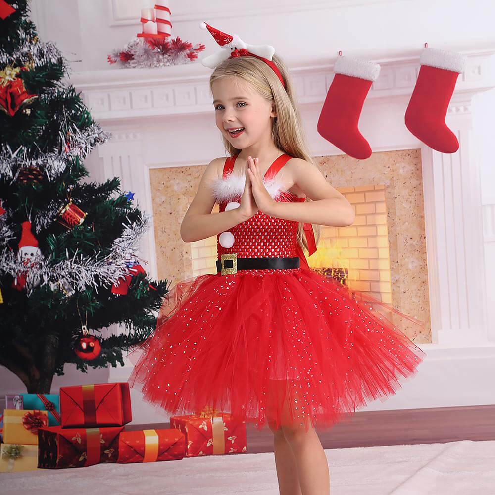 Sparkling Red Christmas Tutu Dress with Sequins - Children's Elf Princess Costume with Headband
