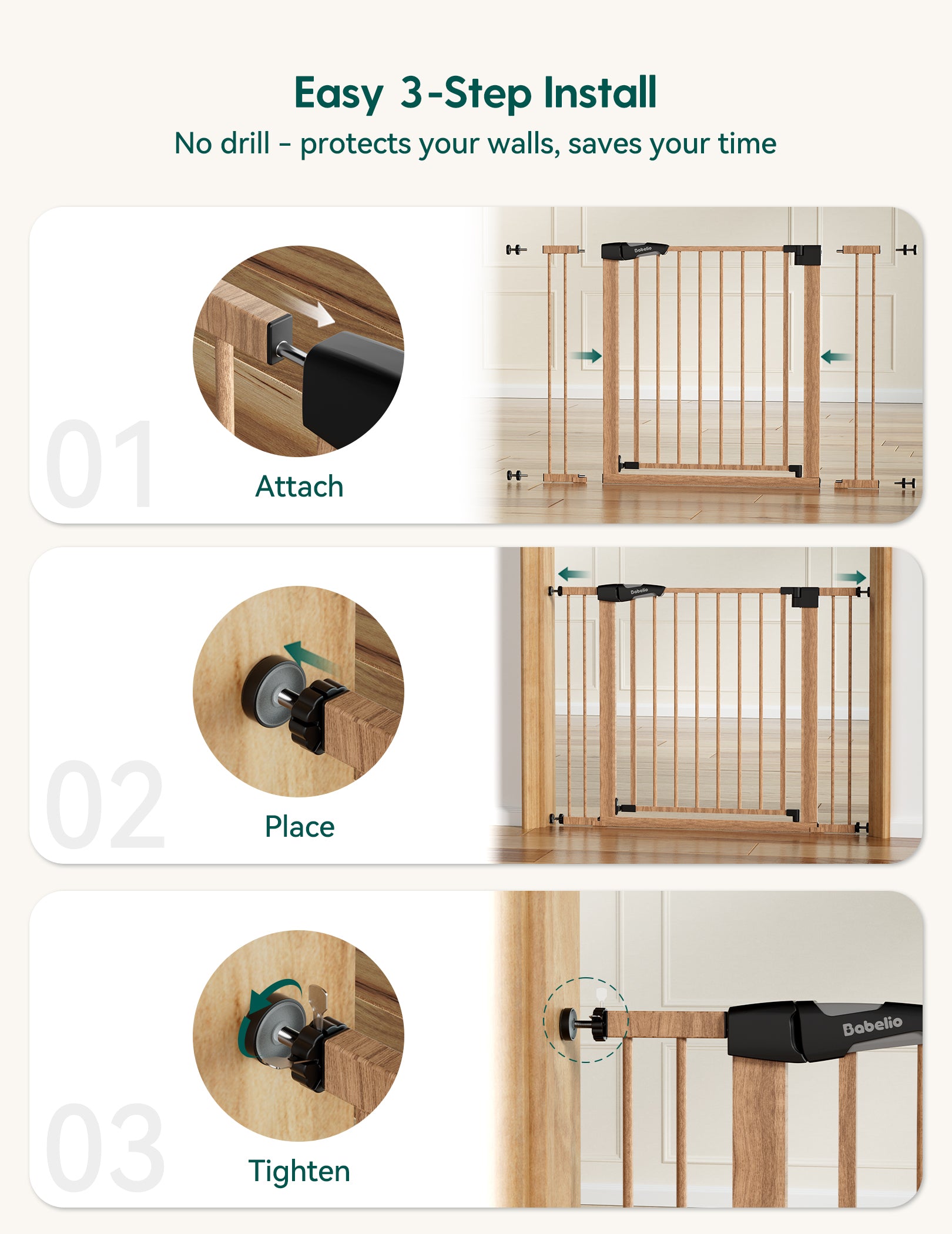Step-by-step installation guide for a wooden pet gate with no drill required.#Color_Wood Pattern