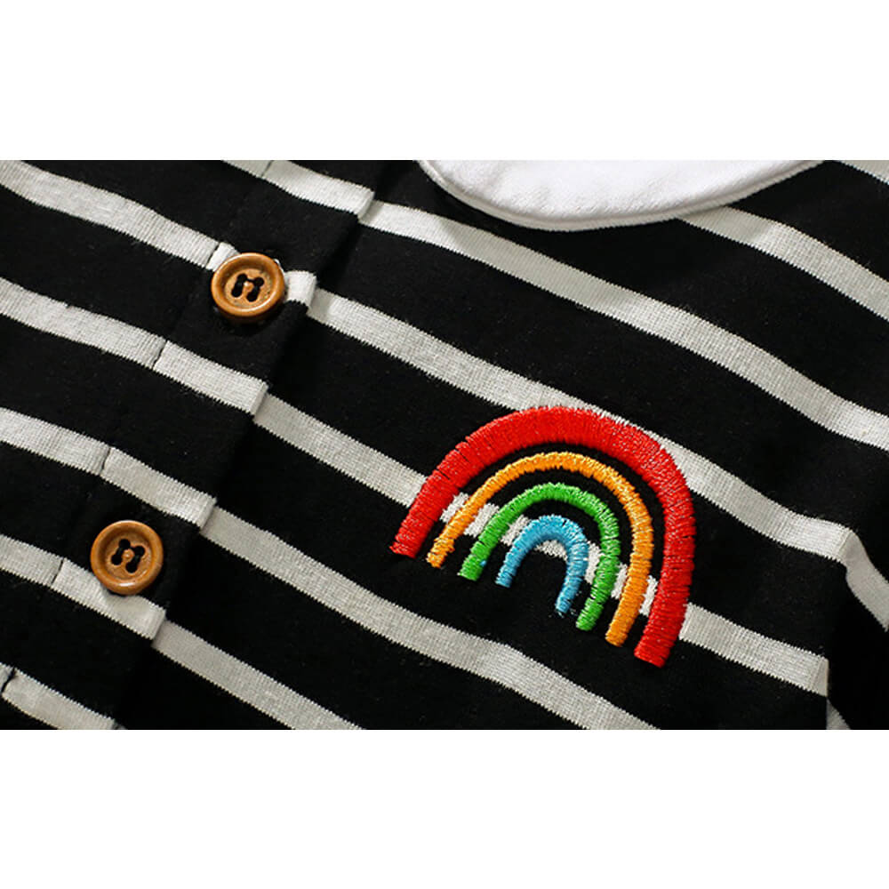 Classic Black & White Striped Dress with Rainbow Accent for Girls - Short Sleeve