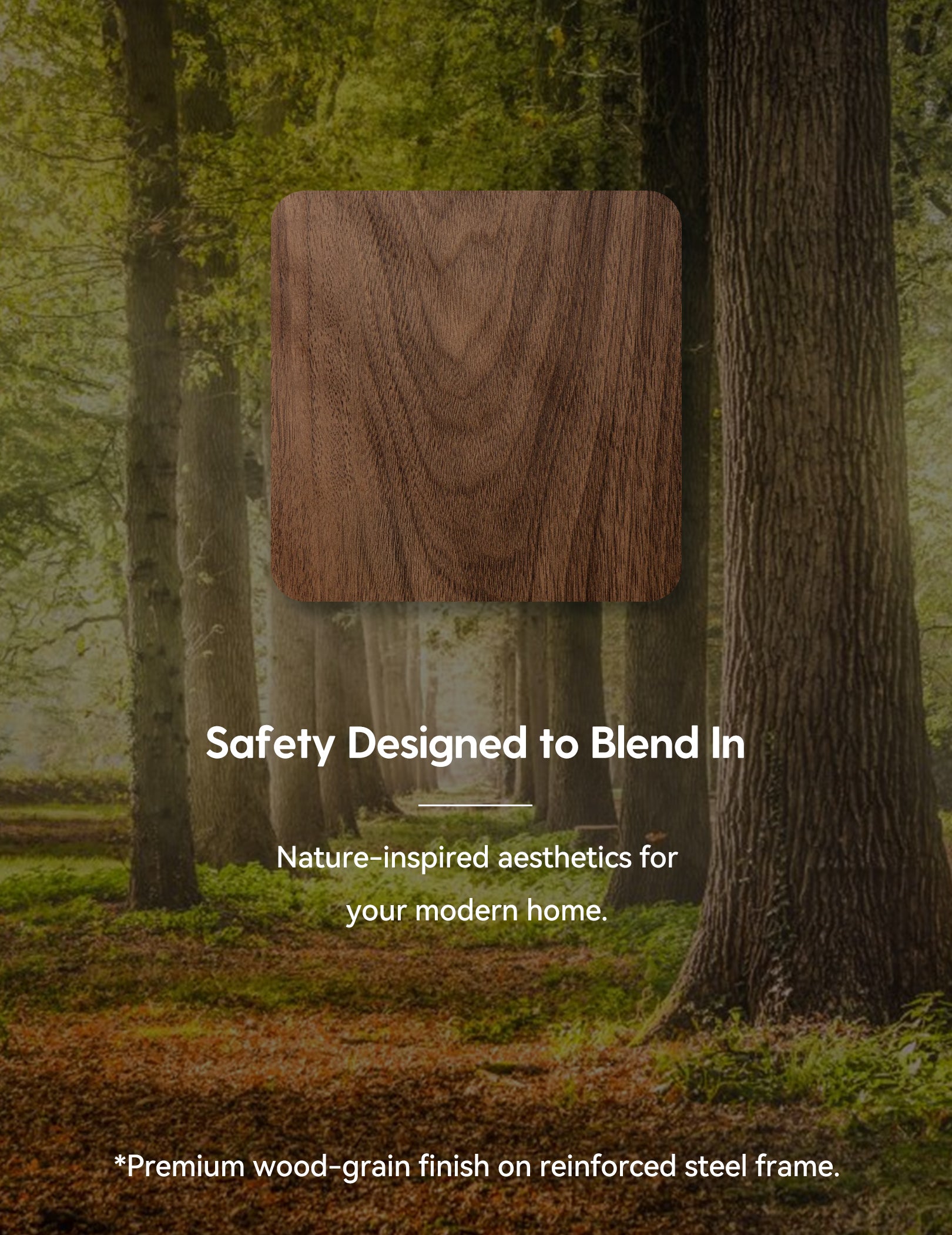 Wooden panel on a tree in a forest with text about safety and nature-inspired design.#Color_Brown Wood Pattern