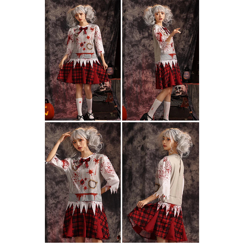 Tiny Cuddling Red Plaid Zombie Bloodstained Costume for Girls | 2024 Halloween Costume