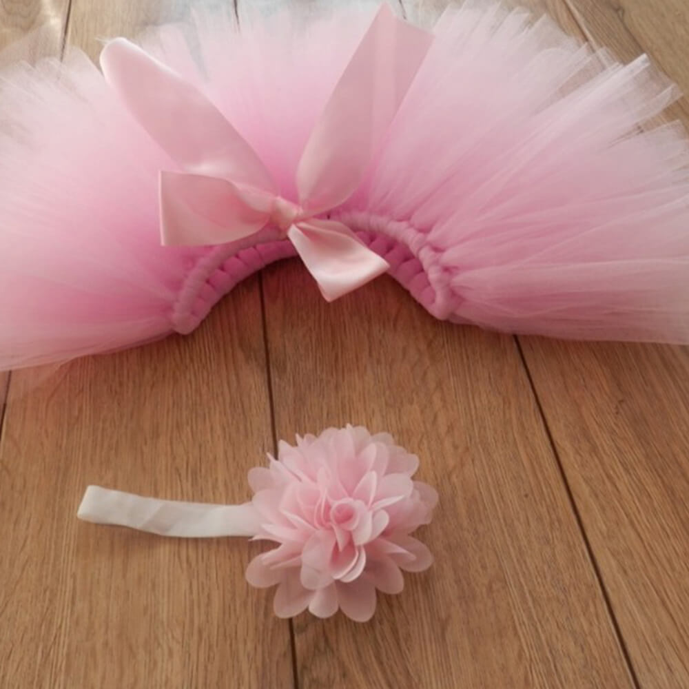 Newborn Baby Tutu Skirt with Floral Headband Set - Pink Tulle Photography Prop