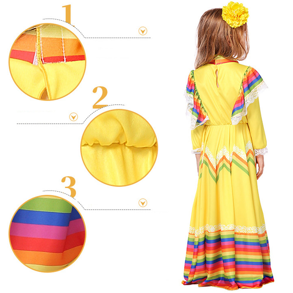 Tiny Cuddling Mexican Folk Dance Dress for Girls - Halloween Costume, School Performance Outfit, Traditional Long Skirt