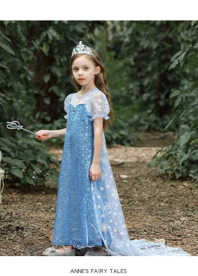 Elsa Princess Dress for Girls — Frozen Blue Sequin Gown with Cape