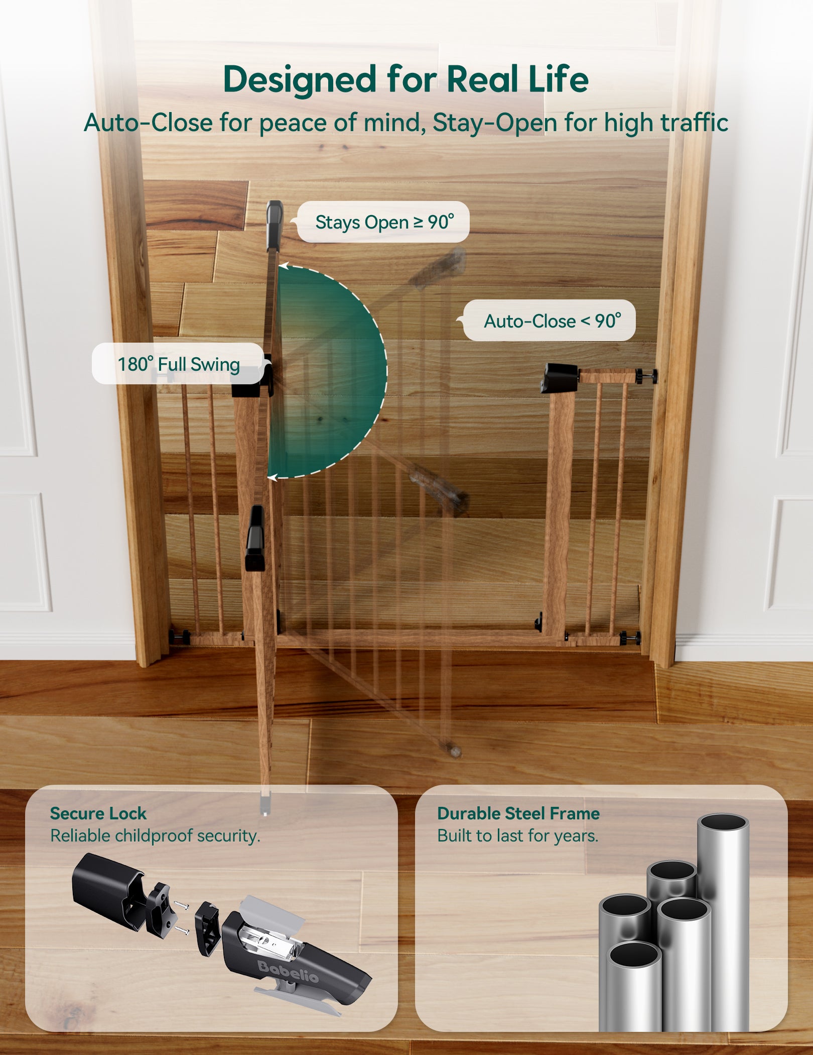 Wooden baby gate with features highlighted on a wooden floor.#Color_Wood Pattern