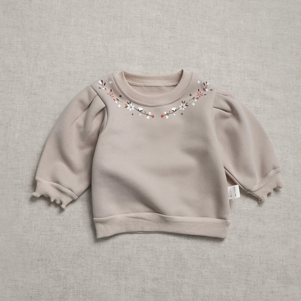 Tiny Cuddling | 2023 Korean-Style Girls' Winter Fleece-Lined Crew Neck Sweatshirt with Puff Sleeve Detail