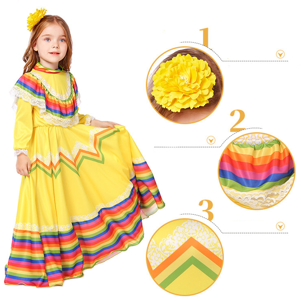 Tiny Cuddling Mexican Folk Dance Dress for Girls - Halloween Costume, School Performance Outfit, Traditional Long Skirt