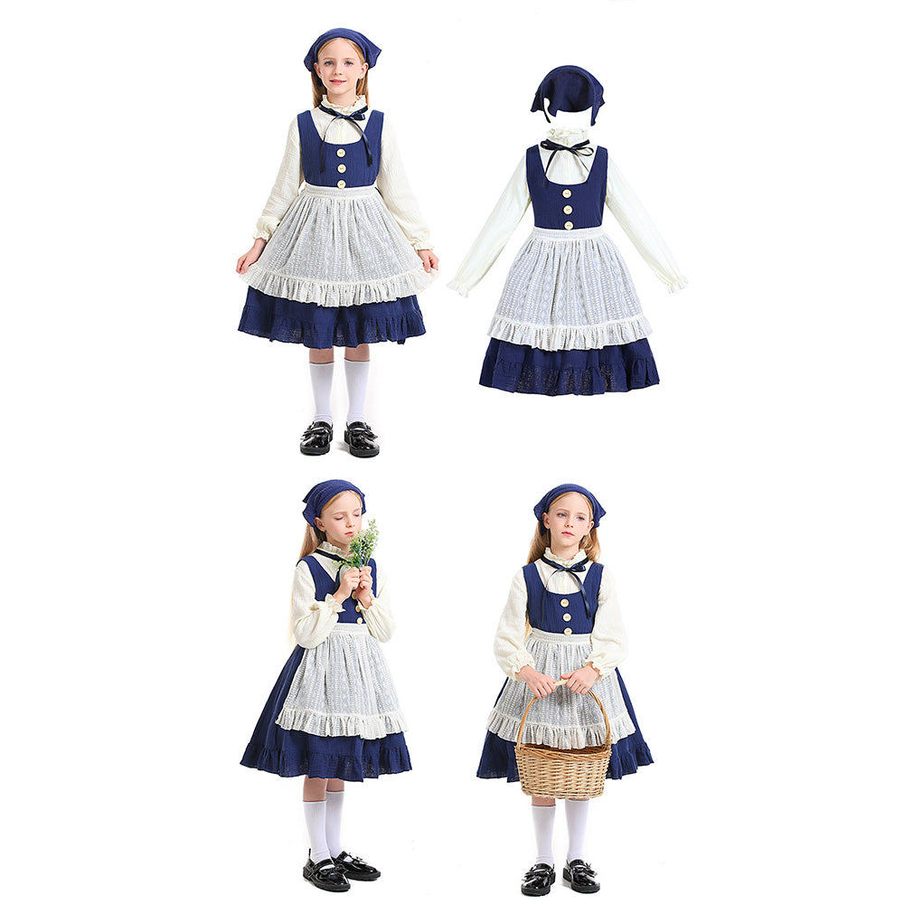 Tiny Cuddling Children's Match Girl Costume for Stage Performance - Peasant Dress with Apron and Bonnet