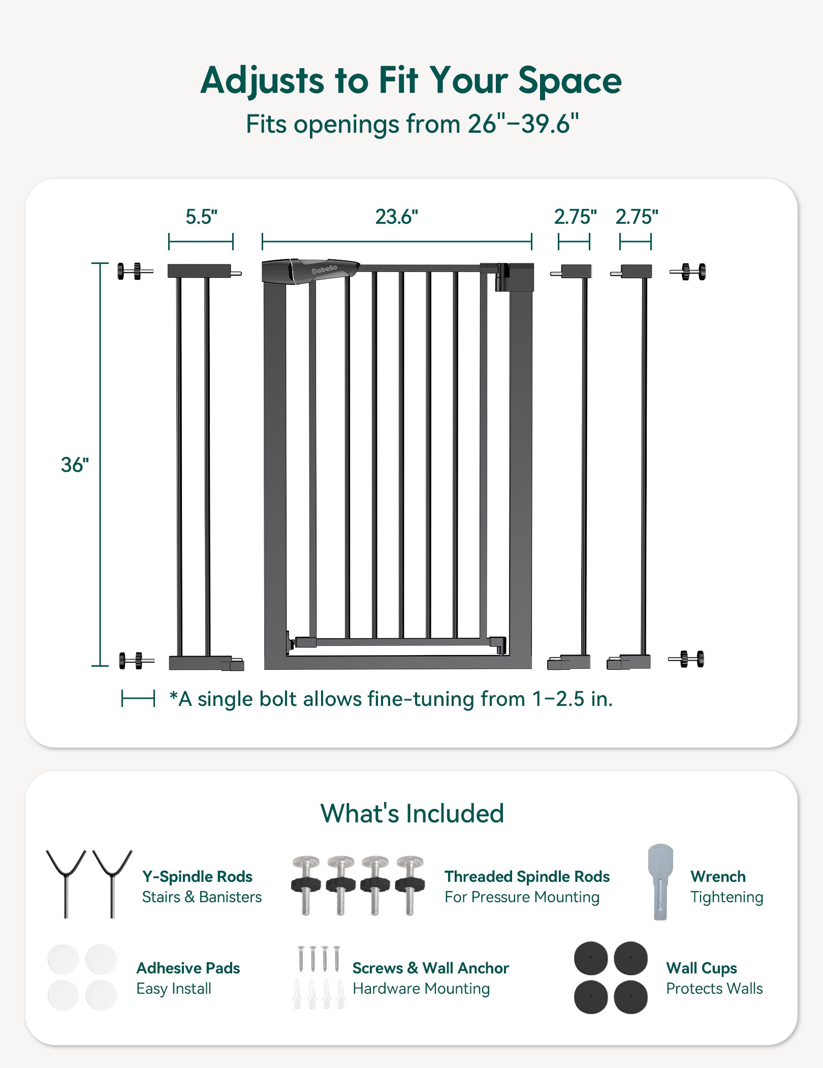 Measurement chart for a adjustable space gate with dimensions and included components.#Color_Black