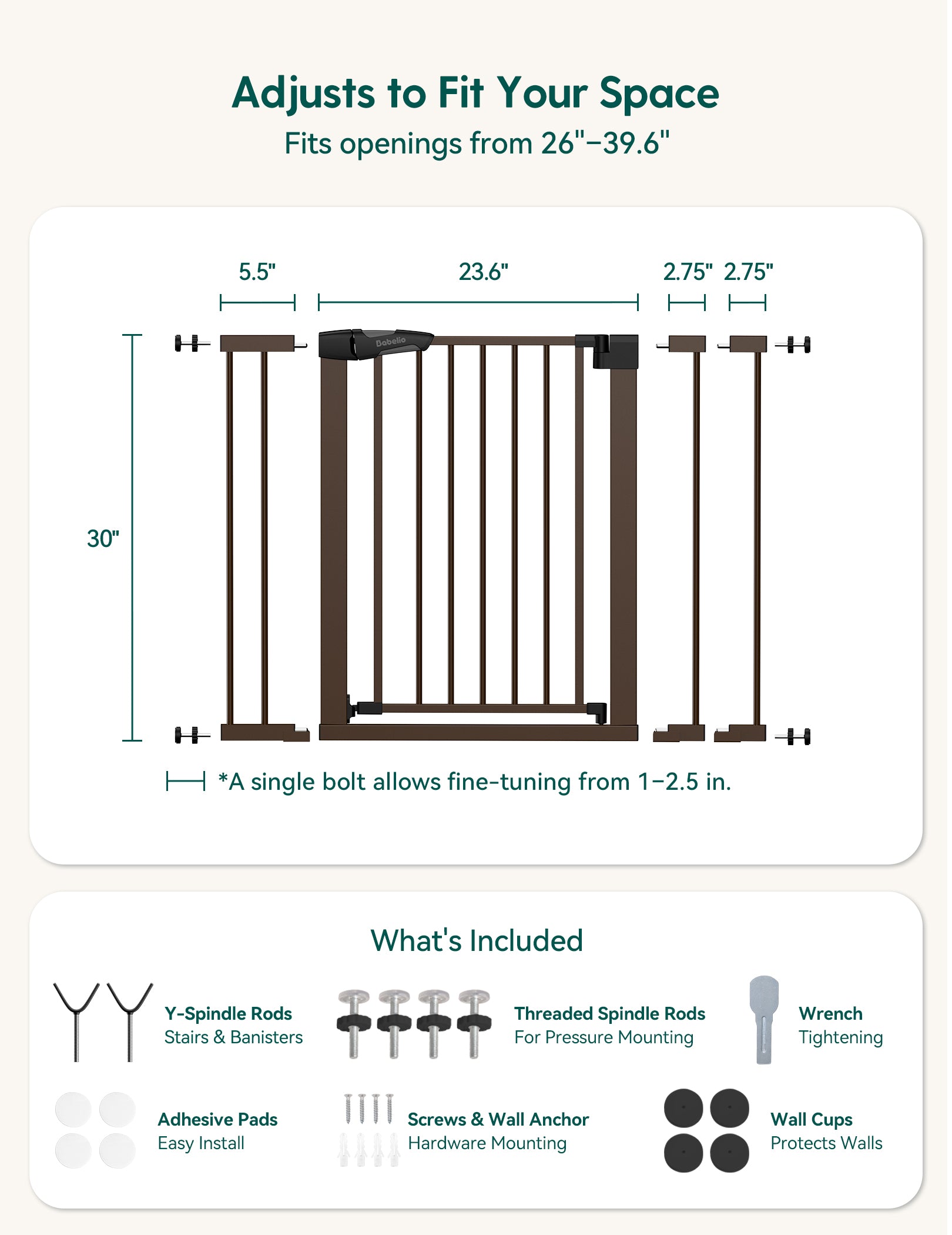Dimensions and features of a adjustable baby gate with hardware included.#Color_Brown