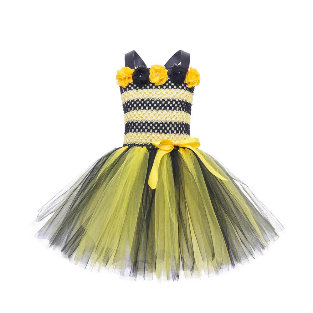 Charming Bumblebee Dress with Wings & Antennae Headband for Girls - Festive Cartoon Bee-Themed Dance Costume