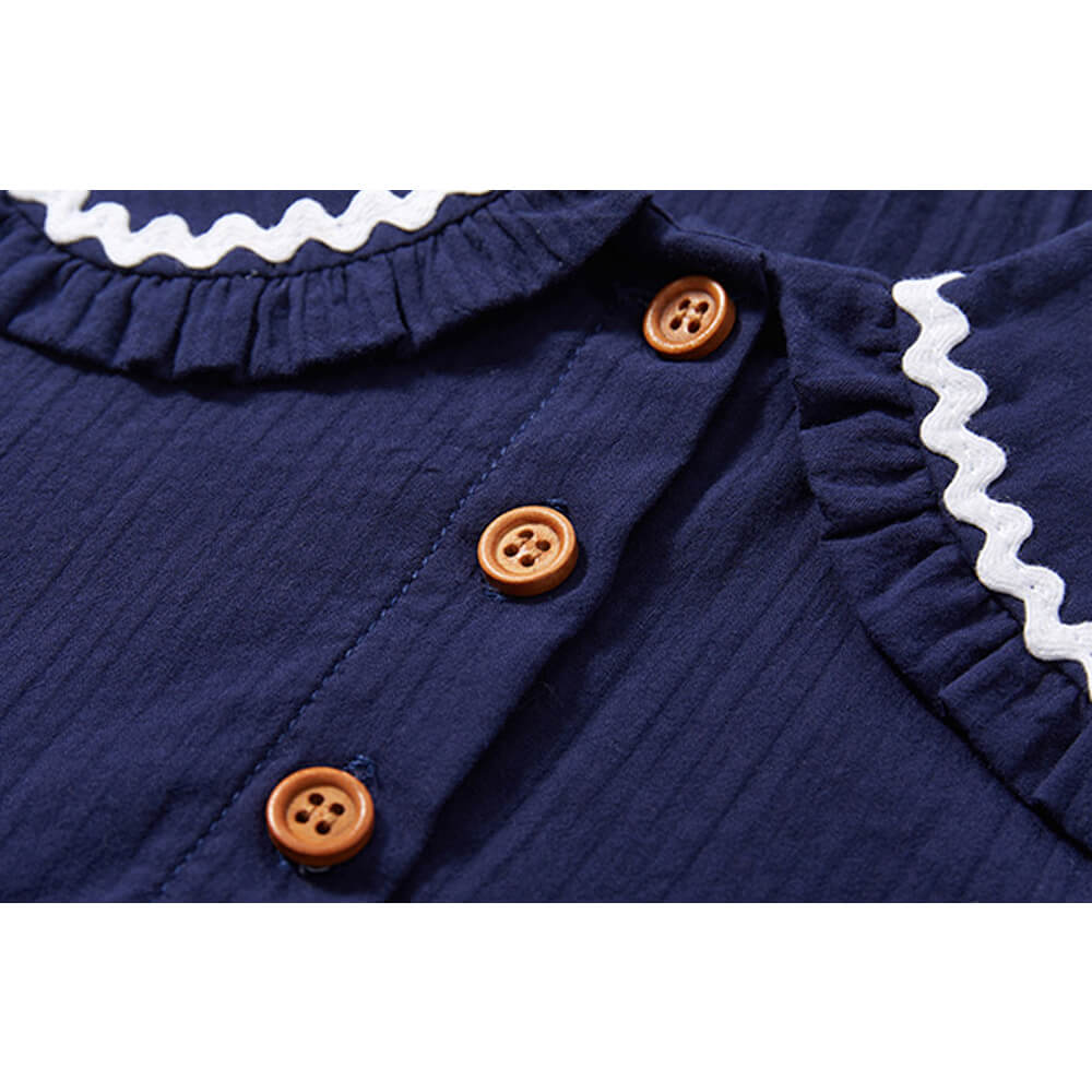 Tiny Cuddling Navy Blue Cotton Princess Dress with Contrast Peter Pan Collar for Girls