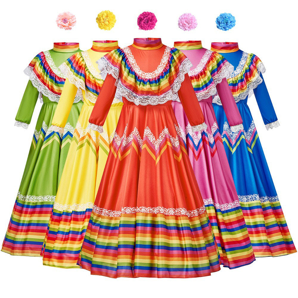 Tiny Cuddling Mexican Folk Dance Dress for Girls - Halloween Costume, School Performance Outfit, Traditional Long Skirt