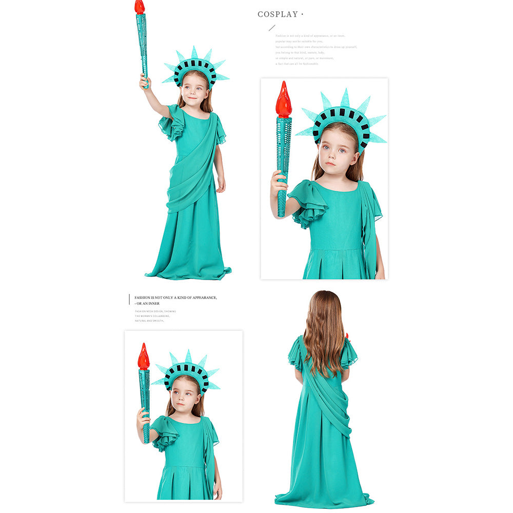 Tiny Cuddling Girls' Statue of Liberty Costume - Kids' Greek Goddess Gown with Torch and Crown - Halloween and Stage Performance Dress