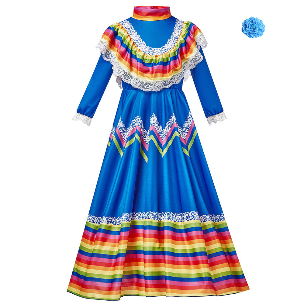 Tiny Cuddling Mexican Folk Dance Dress for Girls - Halloween Costume, School Performance Outfit, Traditional Long Skirt