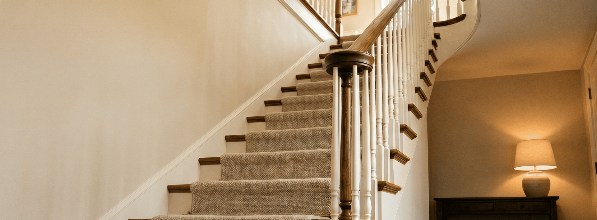 Staircase in a home with wooden steps and white railings, leading to an upper floor.
