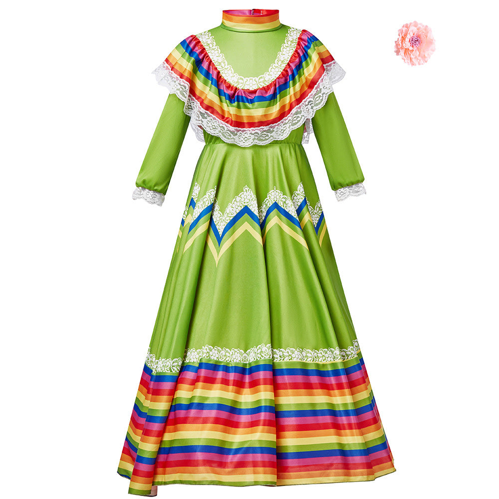 Tiny Cuddling Mexican Folk Dance Dress for Girls - Halloween Costume, School Performance Outfit, Traditional Long Skirt