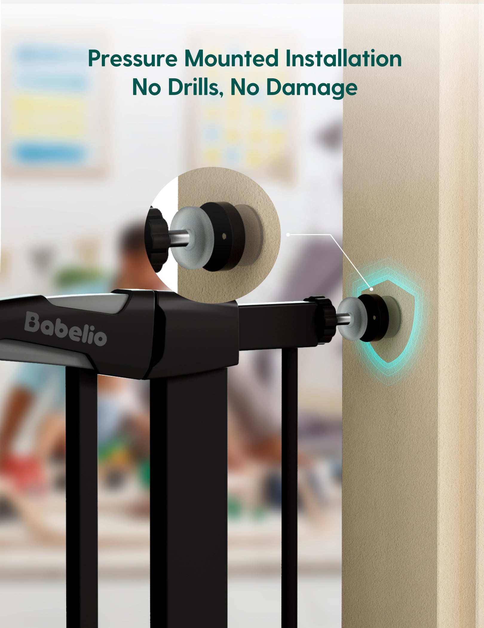 Babelio baby gate with pressure mount installation feature on a blurred indoor background#Color_Black