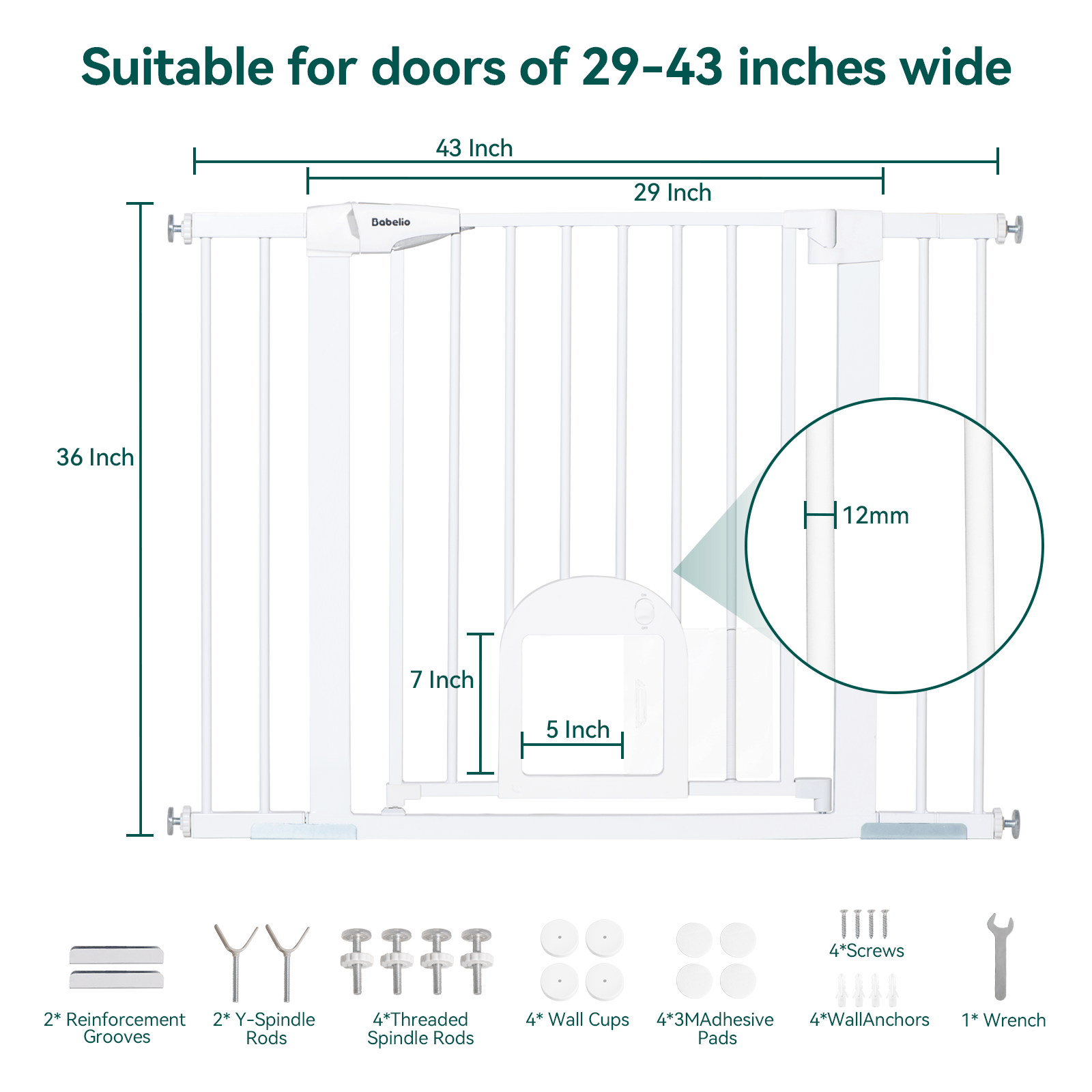 Babelio 36" High Baby Gate with Adjustable Cat Door – Auto-Close, 29-43" Wide, Ideal for Stairs and Doorways, Durable Design