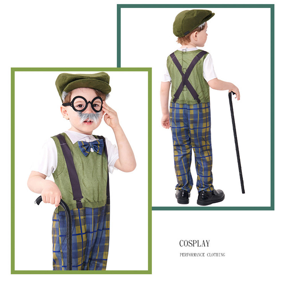 Tiny Cuddling Children's Grandpa Costume - Halloween Cosplay Old Man Outfit with Hat and Glasses, Plaid Pants, and Suspenders