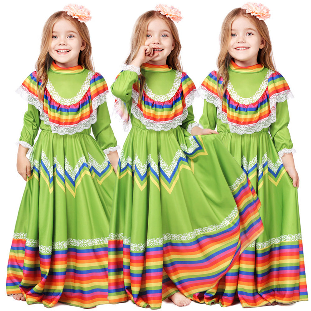 Tiny Cuddling Mexican Folk Dance Dress for Girls - Halloween Costume, School Performance Outfit, Traditional Long Skirt