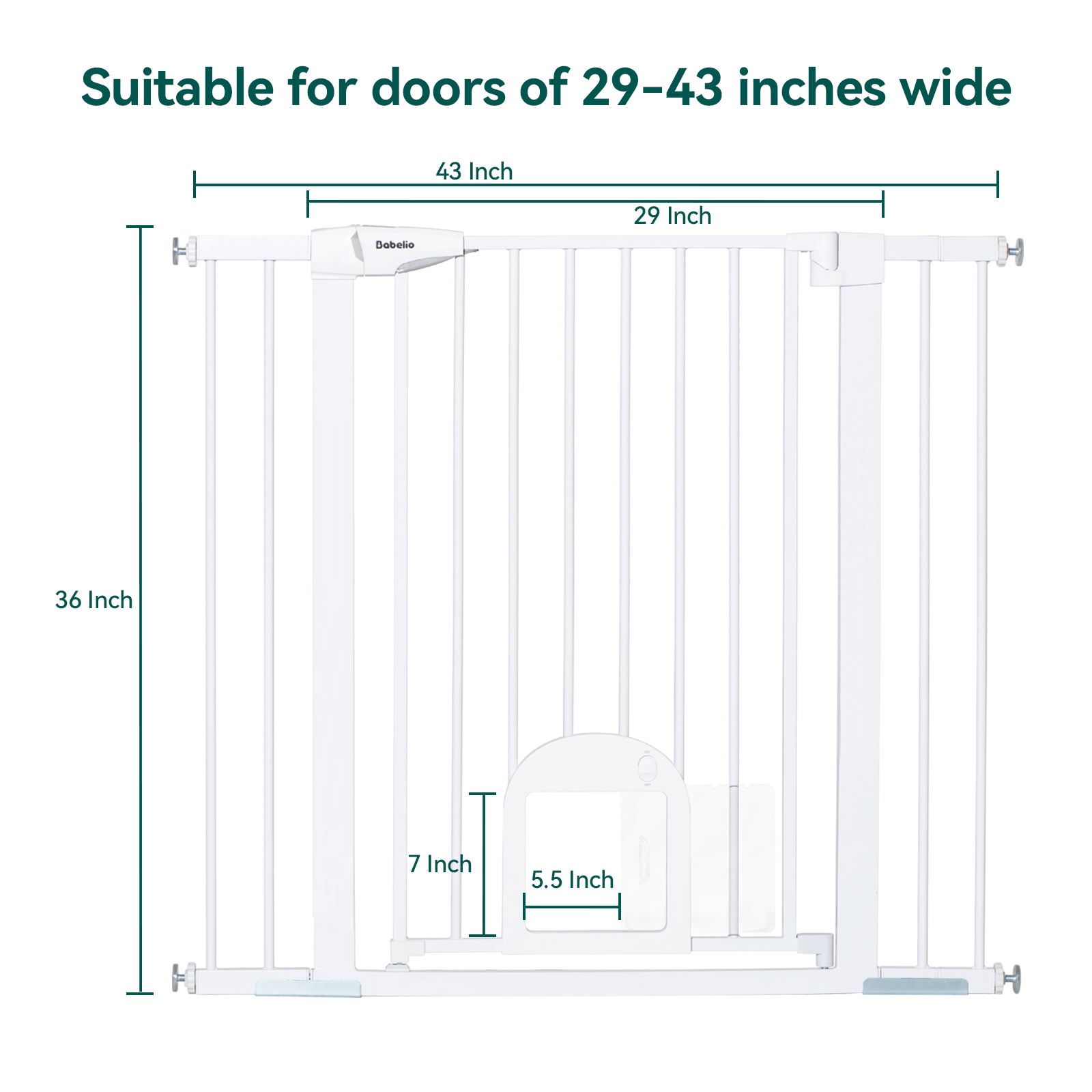 Babelio Upgraded 29-43" Adjustable Baby Gate with Cat Door – Auto-Close, Easy Install, Durable Steel, for Stairs & Doorways