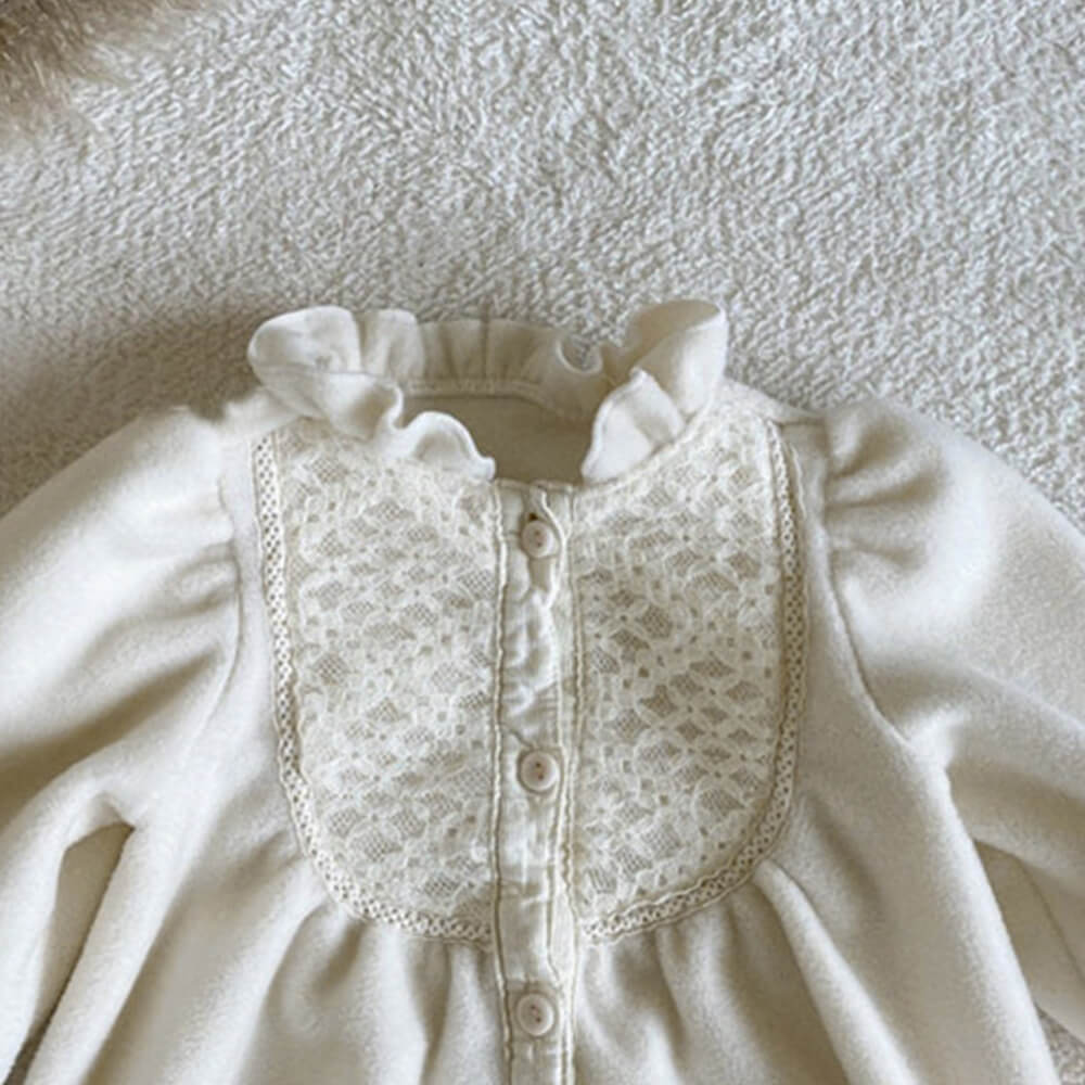 2023 Autumn Collection: Luxurious Thick Velvet Long-Sleeve Baby Romper with Lace Detail
