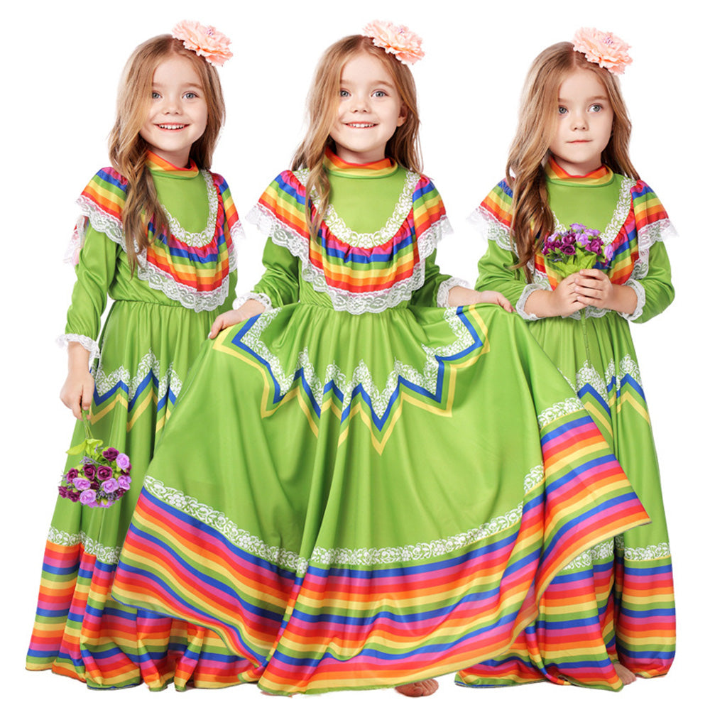 Tiny Cuddling Mexican Folk Dance Dress for Girls - Halloween Costume, School Performance Outfit, Traditional Long Skirt