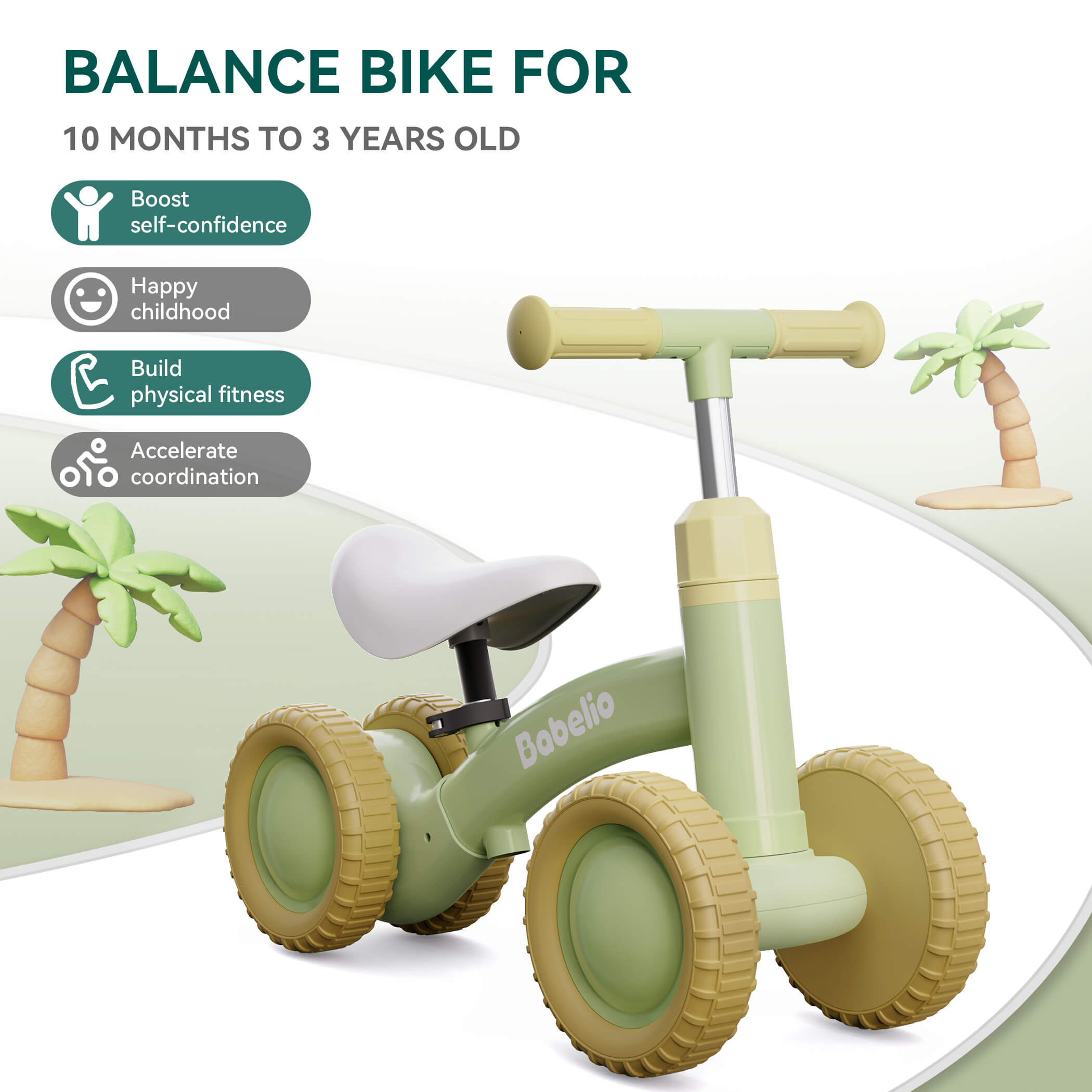 BABELIO Adjustable Baby Balance Bike for 10-36 Months Toddlers - First Birthday Gift, 4-Wheel Walker for Boys and Girls