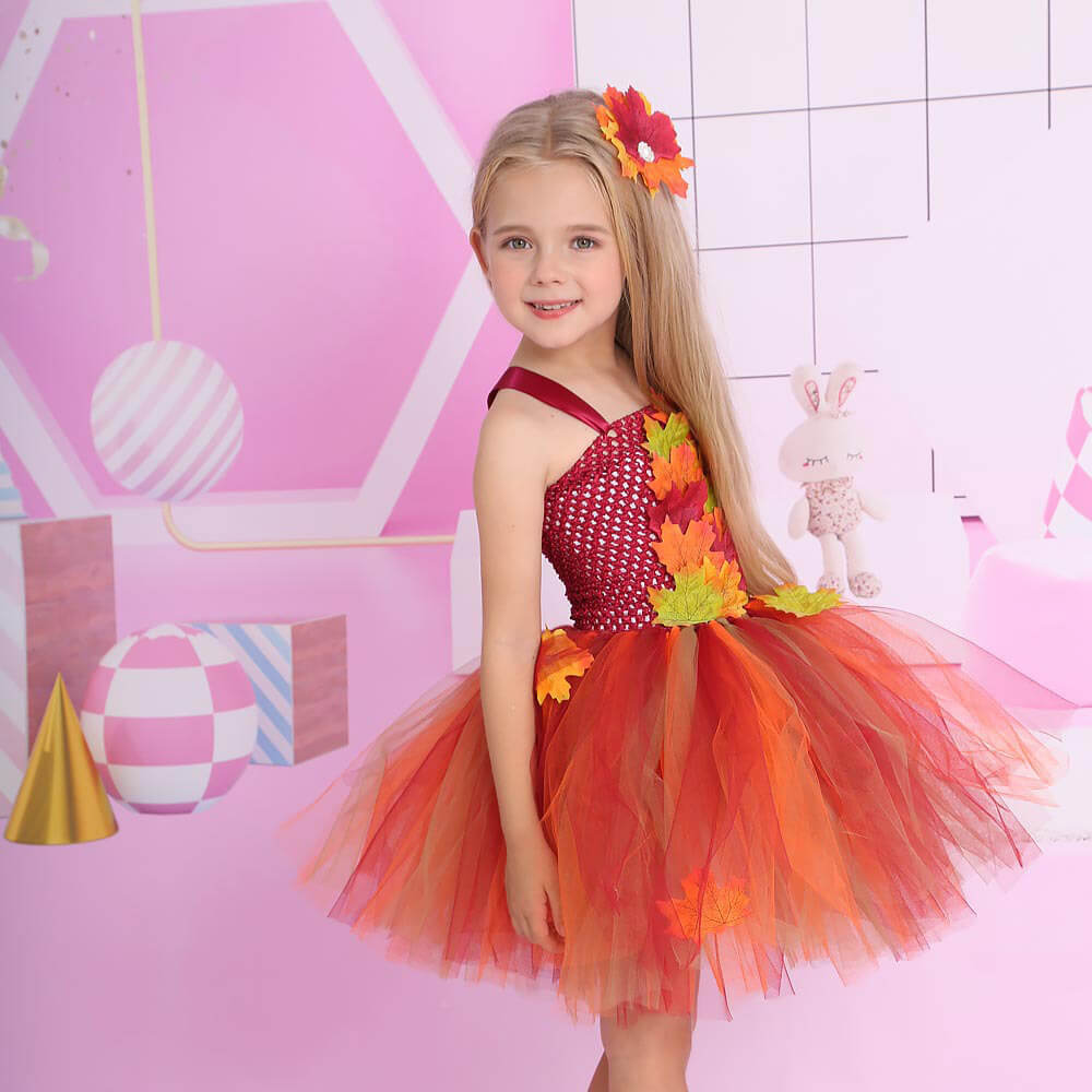 Autumn Maple Leaf Tulle Princess Dress for Girls - Thanksgiving Performance Costume