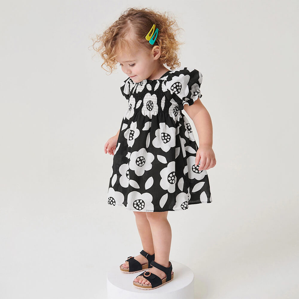 Girls' Black & White Floral Cotton Dress with Ruffled Sleeves - Summer Chic Collection