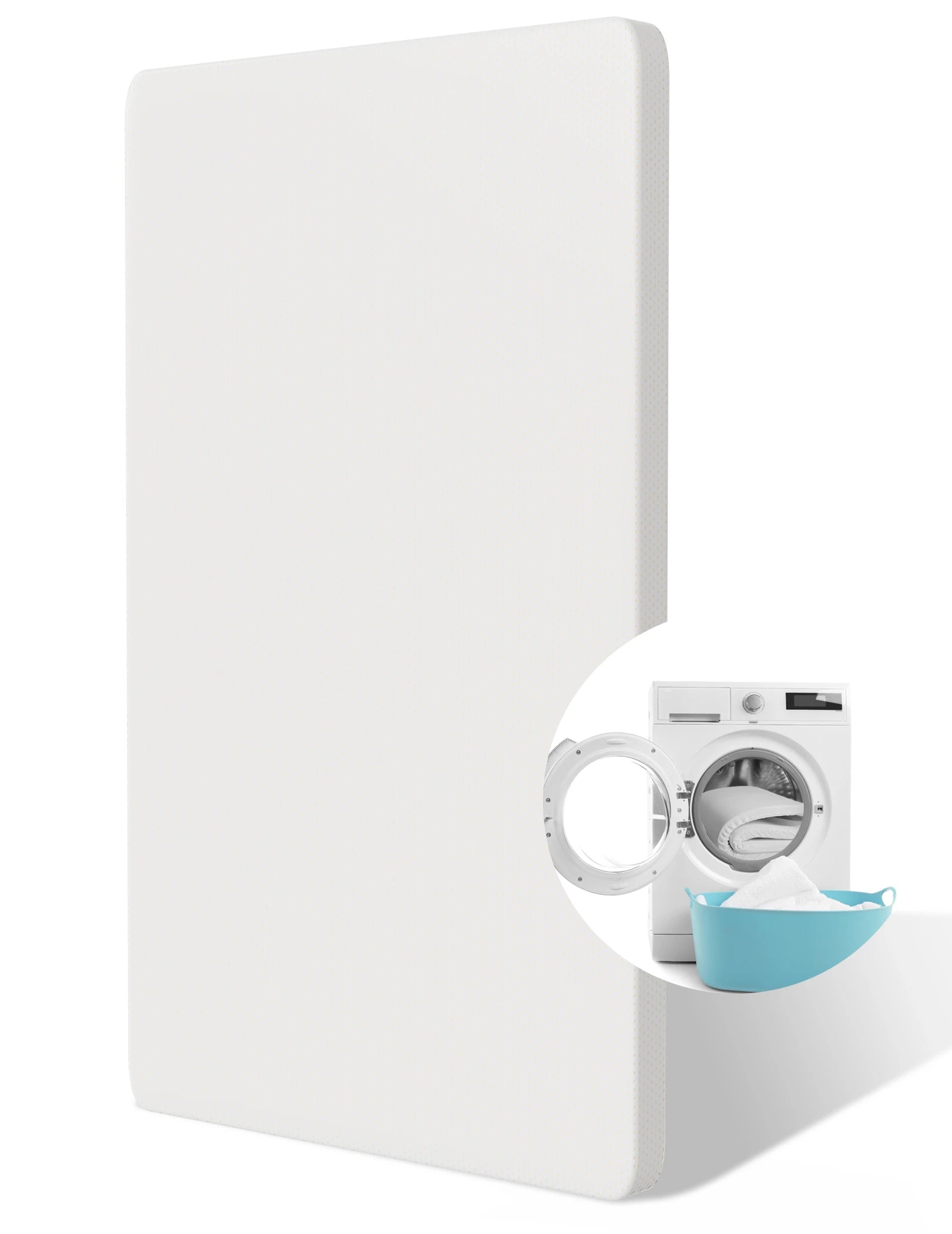 Babelio crib mattress with washable cover shown near laundry basket and washing machine