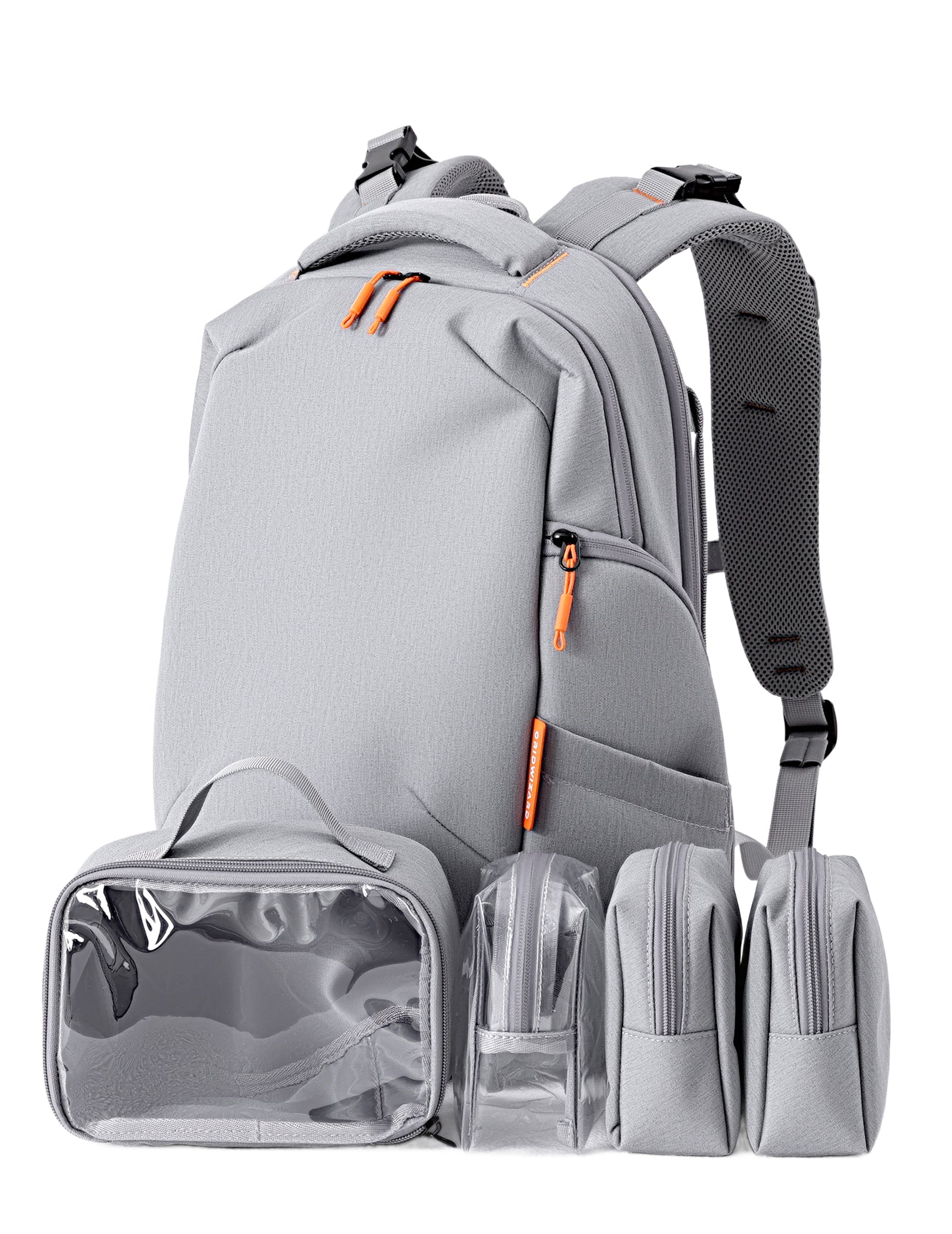 A light gray backpack with three matching zippered pouches attached in front, shown on a plain white background. The backpack has orange zipper pulls and dark gray padded shoulder straps.#Color_Grey