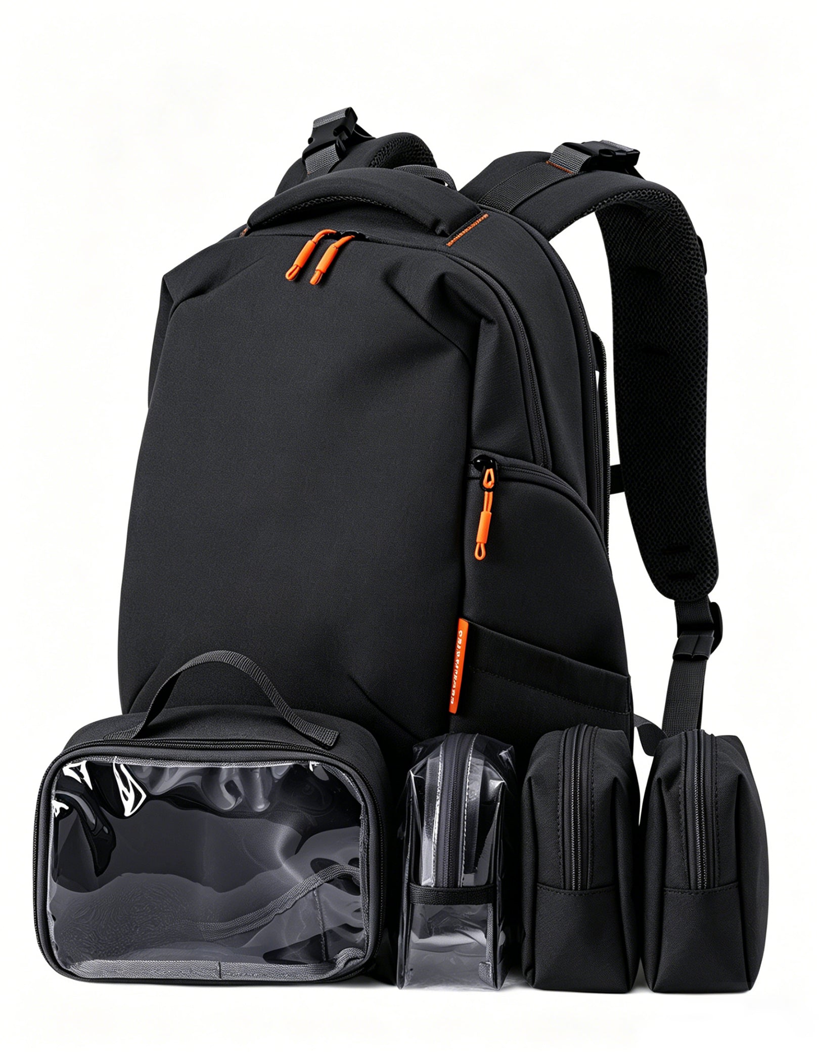 A black backpack with orange zipper accents shown with four matching black pouches and a clear-front organizer bag in front, photographed on a clean white background.
#Color_Black