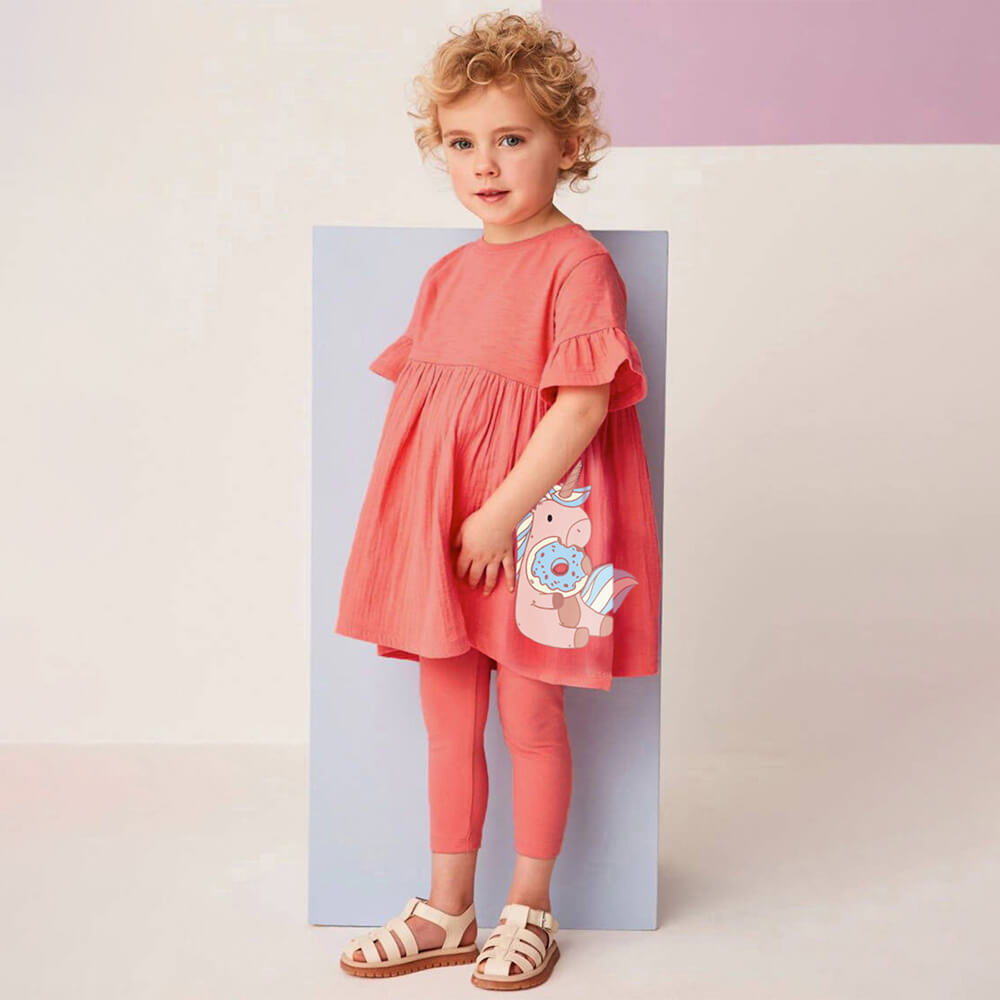 Girls' Peachy Summer Dress & Leggings Set with Unicorn Accent - 2024 Collection