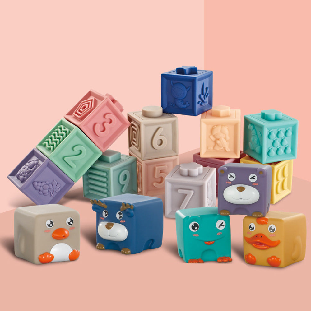 LulliNini Soft Rubber Building Blocks Set | Animal and Number Matching Blocks, Bath Toy for Babies