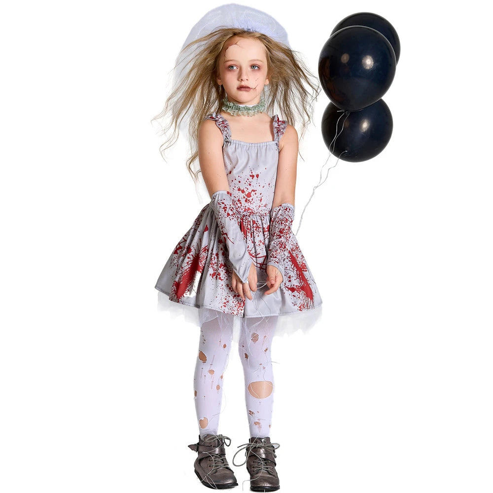 Tiny Cuddling Gray Bloodstained Ghost Bride Costume for Girls | 2024 Halloween Costume