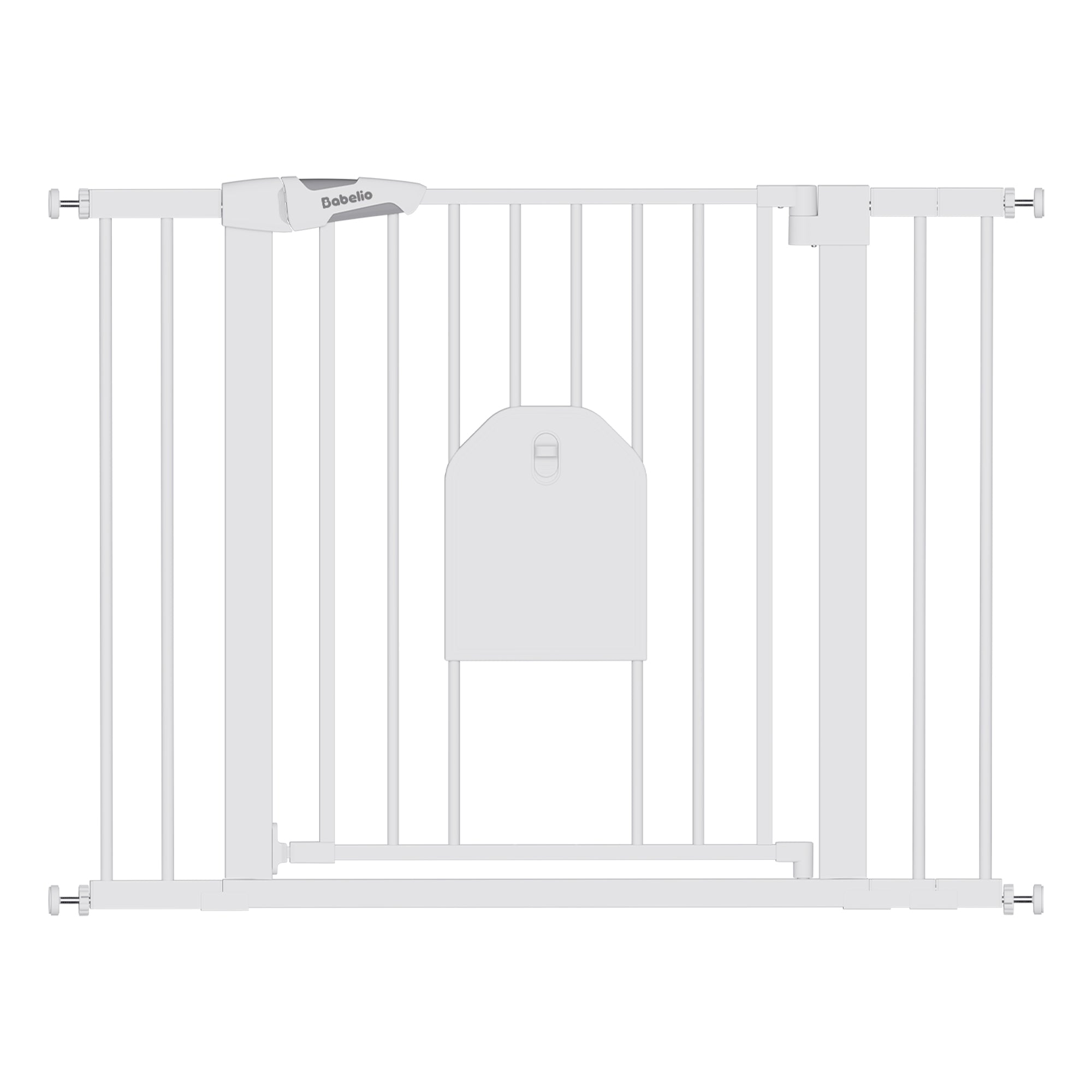 A white metal baby safety gate with vertical bars, shown on a plain white background. A small label on the top left rail reads.#Color_White