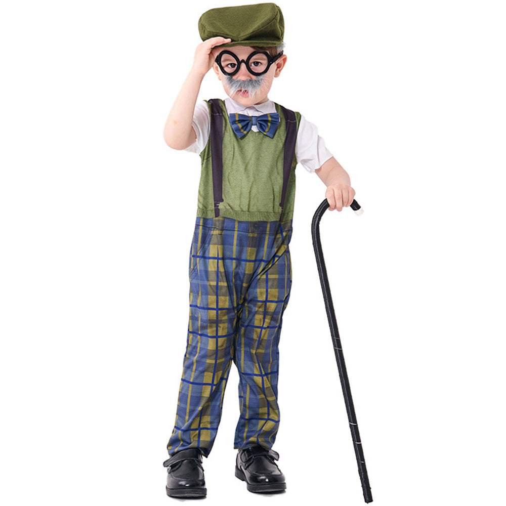 Tiny Cuddling Children's Grandpa Costume - Halloween Cosplay Old Man Outfit with Hat and Glasses, Plaid Pants, and Suspenders