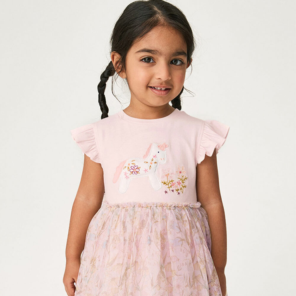 Whimsical Tulle Princess Dress with Cute Animal Embroidery for Girls - Summer Cotton Dress