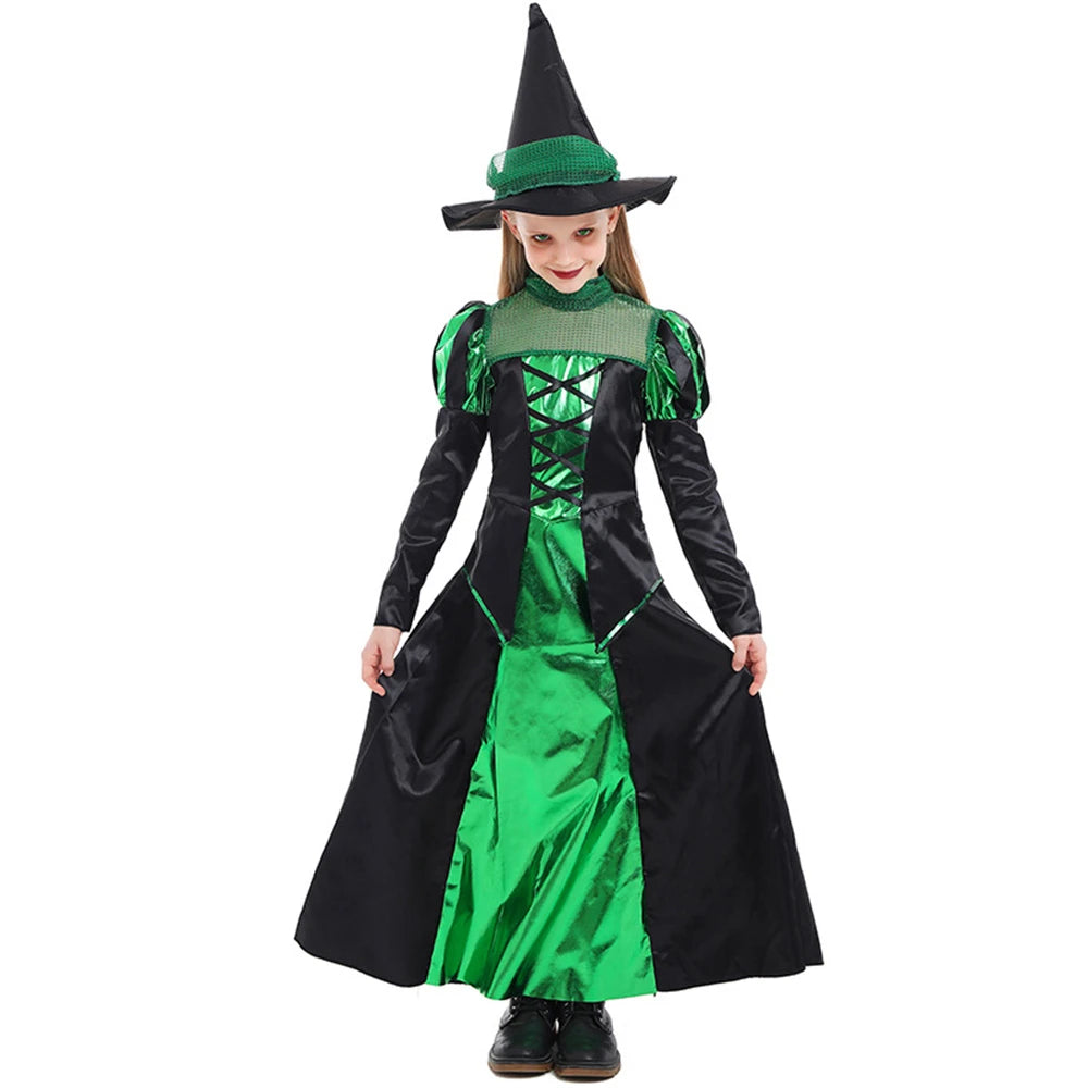 Tiny Cuddling Green and Black Witch Long Dress for Girls | 2024 Halloween Costume