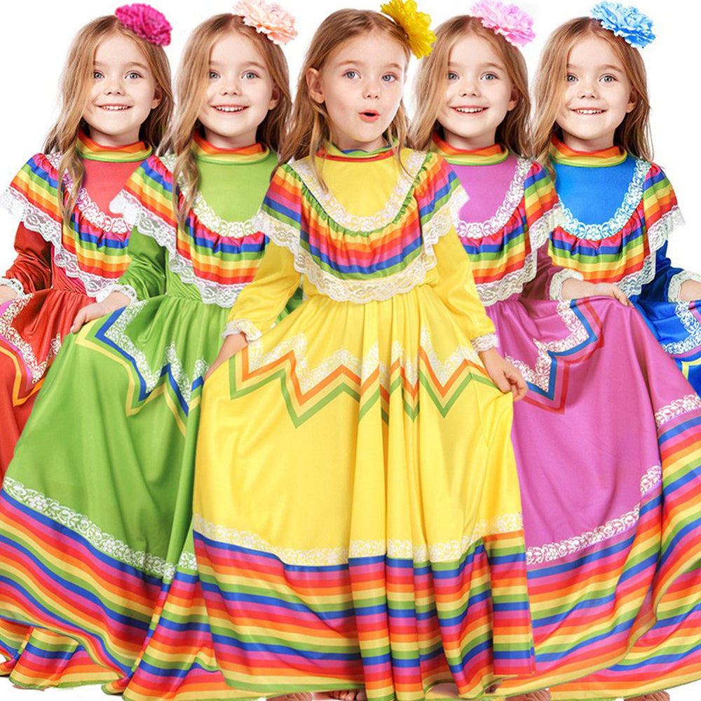 Tiny Cuddling Mexican Folk Dance Dress for Girls - Halloween Costume, School Performance Outfit, Traditional Long Skirt