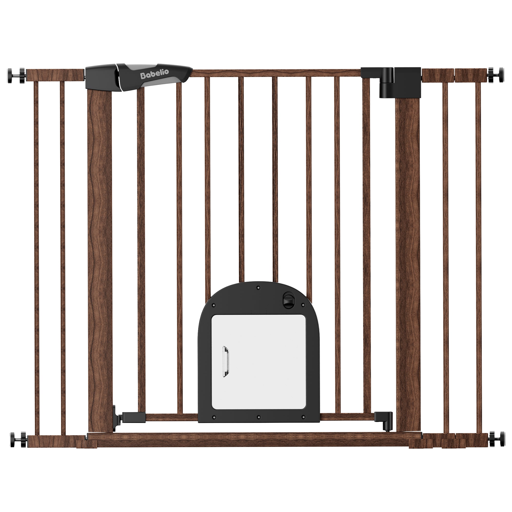 Wooden pet gate with a black electronic device on a white background#Color_Brown Wood Pattern
