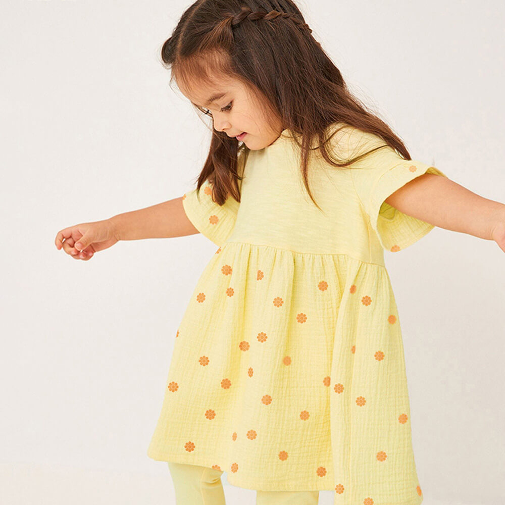 Sunny Delight: Summer Floral Short Sleeve Dress & Leggings Set for Girls