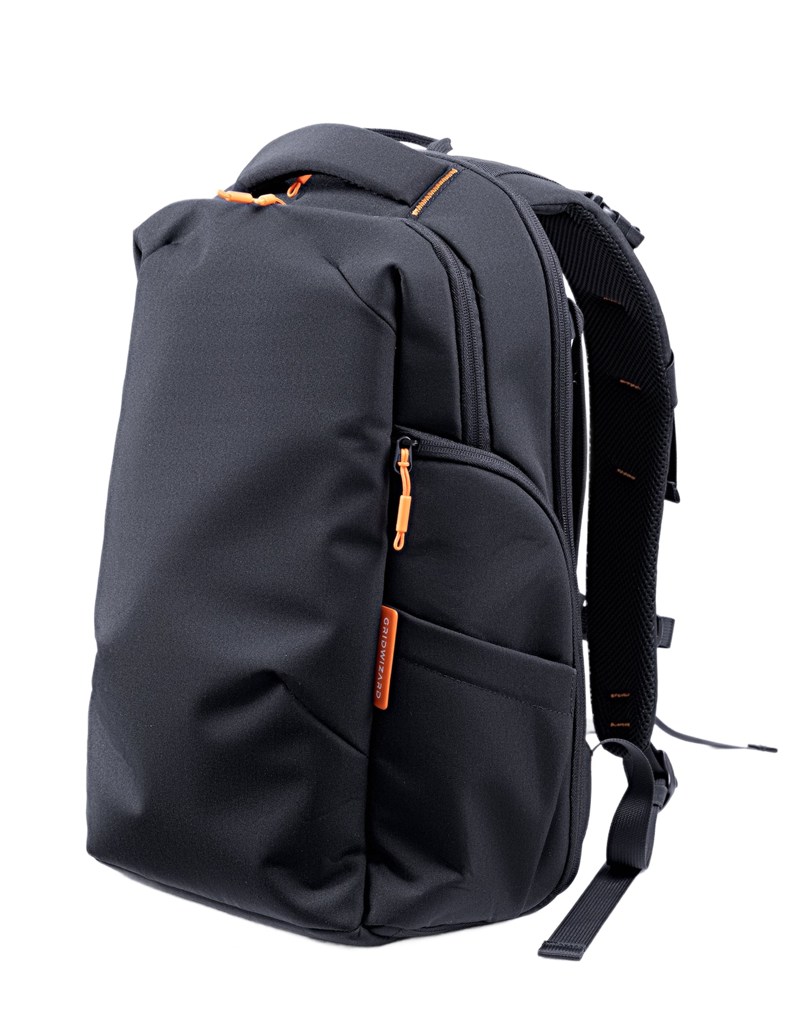 A black backpack with orange zipper pulls and orange brand text on the side pocket, shown on a plain white background.
#Color_Black