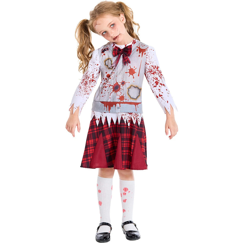 Tiny Cuddling Red Plaid Zombie Bloodstained Costume for Girls | 2024 Halloween Costume