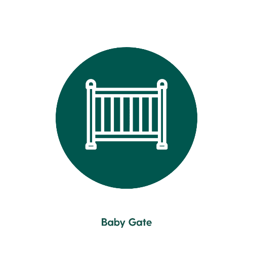 Icon of a baby gate on a green circle with 'Baby Gate' text below.